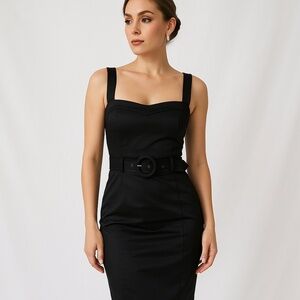 Jacob Midi Dress Belted Slit Pencil Sweetheart Neckline Sleeveless Knee Length